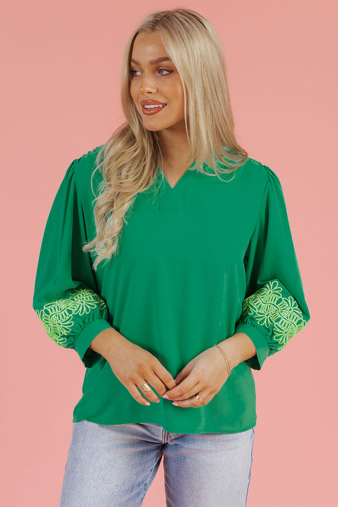 Floral Embroidered Notched Neckline Three Quarter Sleeve Blouse