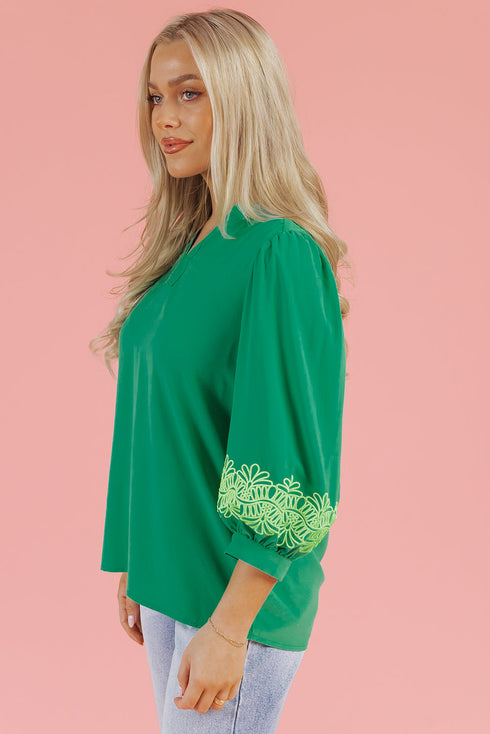 Floral Embroidered Notched Neckline Three Quarter Sleeve Blouse