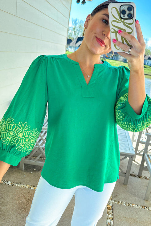 Floral Embroidered Notched Neckline Three Quarter Sleeve Blouse
