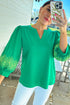 Floral Embroidered Notched Neckline Three Quarter Sleeve Blouse