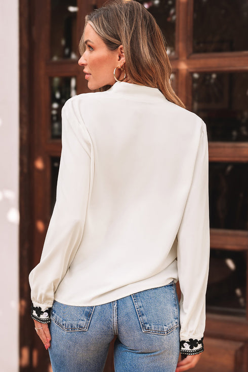 Floral Embroidered Placket Button Front Woven Blouse