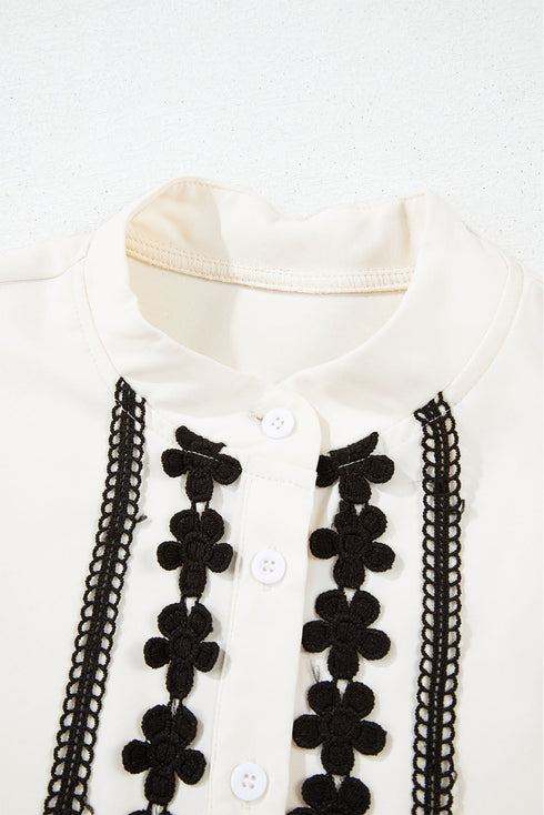 Floral Embroidered Placket Button Front Woven Blouse