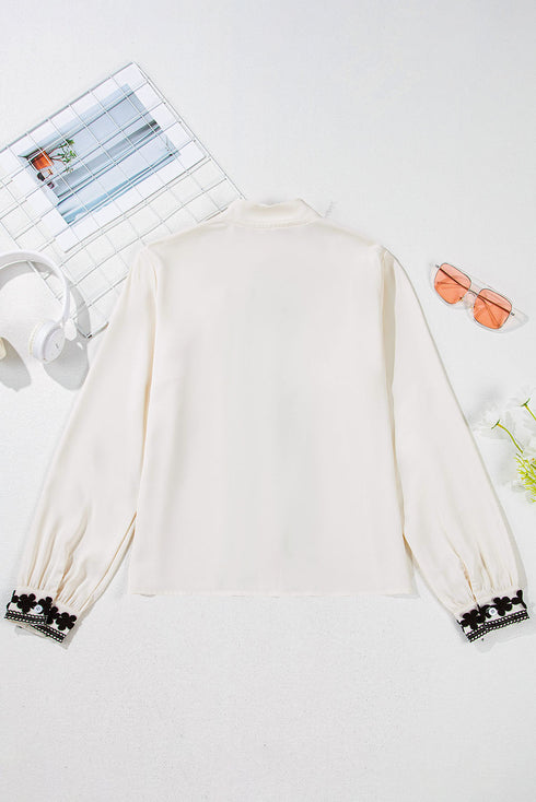 Floral Embroidered Placket Button Front Woven Blouse