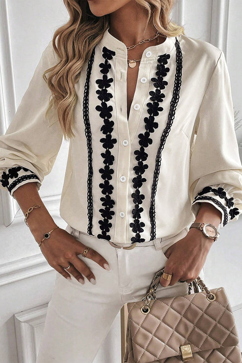 Floral Embroidered Placket Button Front Woven Blouse