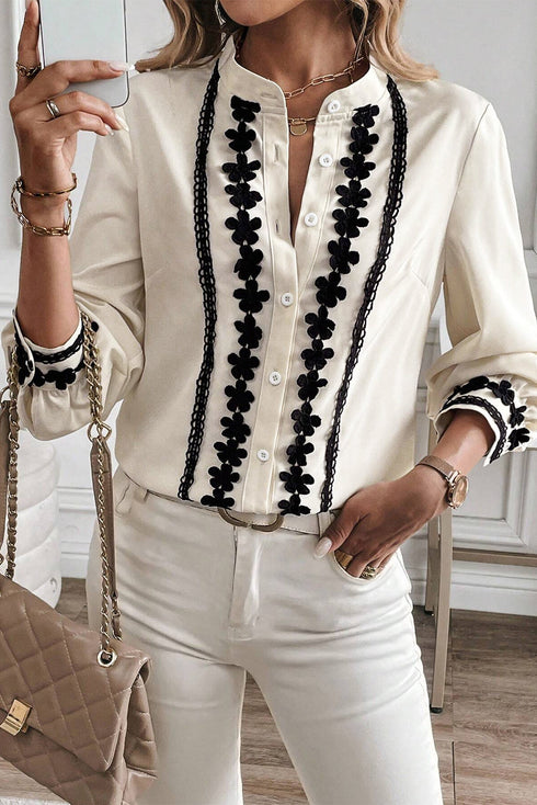 Floral Embroidered Placket Button Front Woven Blouse