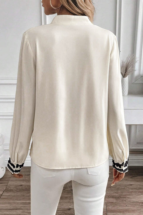 Floral Embroidered Placket Button Front Woven Blouse