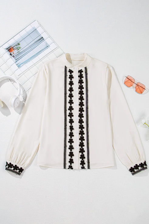 Floral Embroidered Placket Button Front Woven Blouse