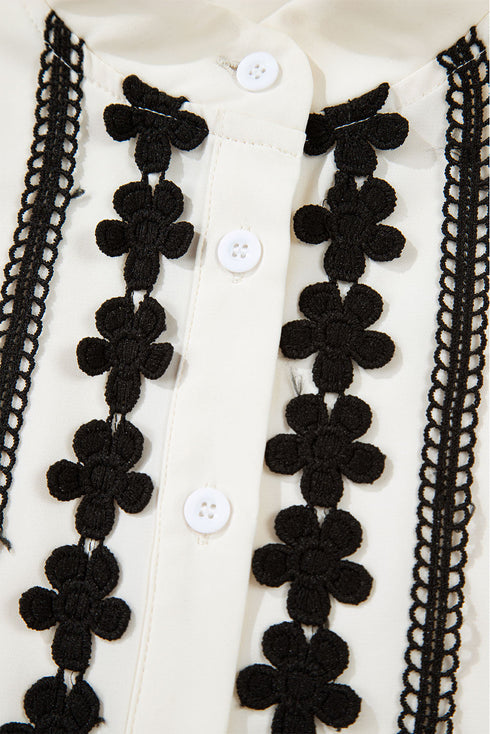 Floral Embroidered Placket Button Front Woven Blouse