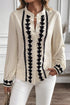 Floral Embroidered Placket Button Front Woven Blouse