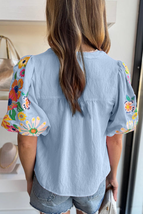 Floral Embroidered Puff Sleeve Split Neck Blouse