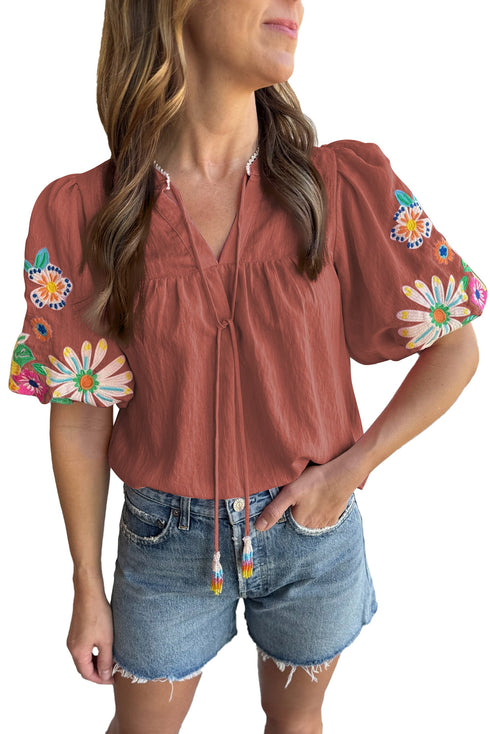Floral Embroidered Puff Sleeve Split Neck Blouse