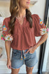 Floral Embroidered Puff Sleeve Split Neck Blouse
