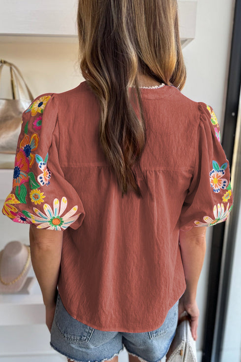 Floral Embroidered Puff Sleeve Split Neck Blouse