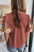 Floral Embroidered Puff Sleeve Split Neck Blouse
