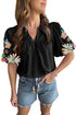 Floral Embroidered Puff Sleeve Split Neck Blouse