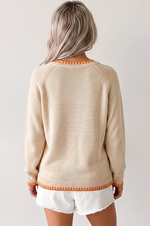 Floral Embroidered Pumpkin Long Sleeve Round Neck Knit Sweater