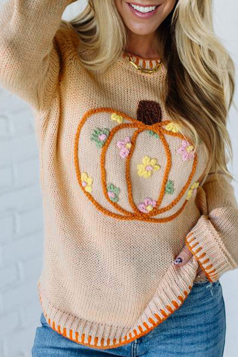 Floral Embroidered Pumpkin Long Sleeve Round Neck Knit Sweater
