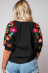 Floral Embroidered Ricrac Puff Sleeve Textured Blouse