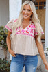 Floral Embroidered Ruffle Sleeve Notched V Neck Blouse