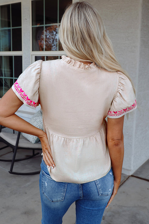 Floral Embroidered Ruffle Sleeve Notched V Neck Blouse