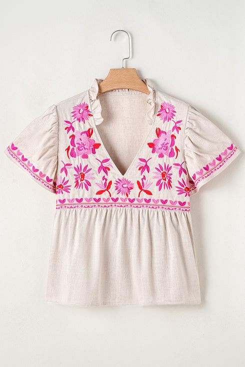Floral Embroidered Ruffle Sleeve Notched V Neck Blouse