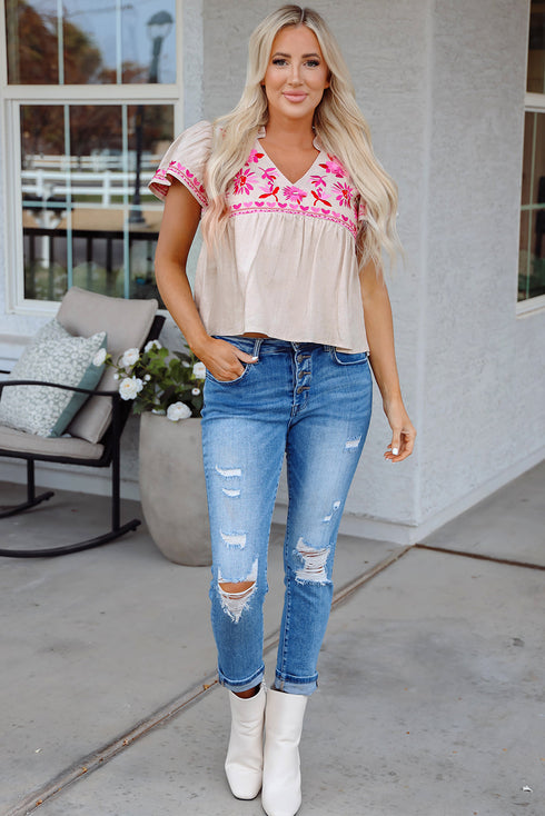 Floral Embroidered Ruffle Sleeve Notched V Neck Blouse