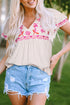 Floral Embroidered Ruffle Sleeve Notched V Neck Blouse