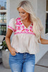 Floral Embroidered Ruffle Sleeve Notched V Neck Blouse