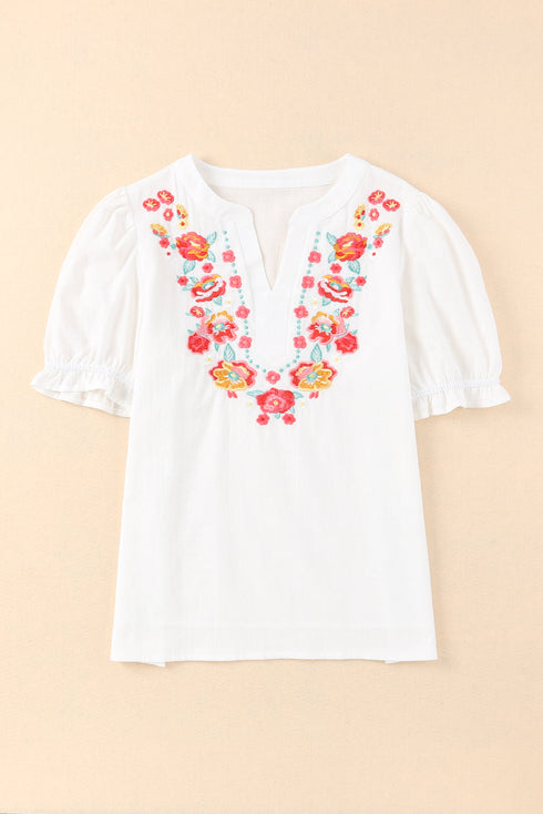 Floral Embroidered Ruffled Puff Sleeve Blouse