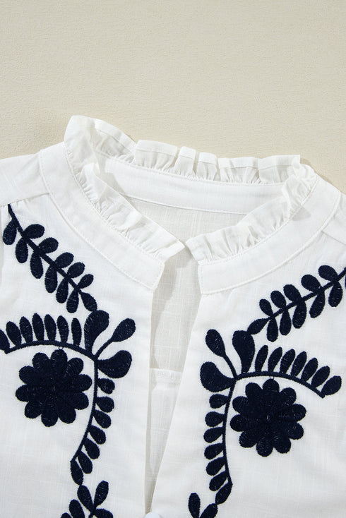 Floral Embroidered Split Neck Smocked Cuff Blouse