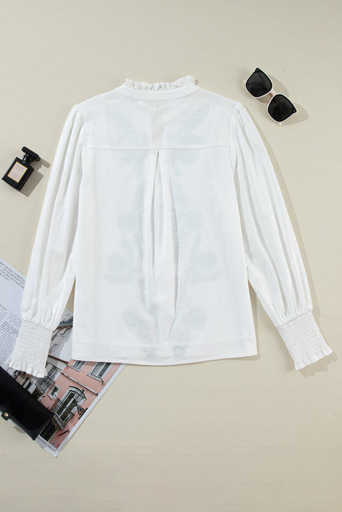 Floral Embroidered Split Neck Smocked Cuff Blouse