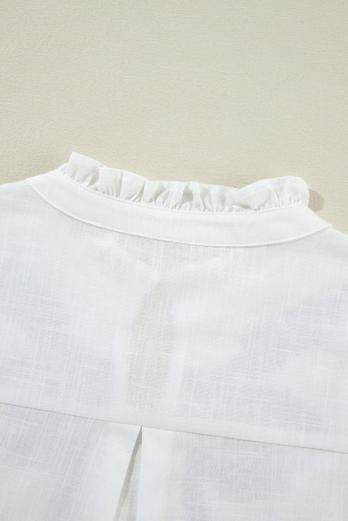 Floral Embroidered Split Neck Smocked Cuff Blouse