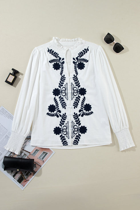 Floral Embroidered Split Neck Smocked Cuff Blouse