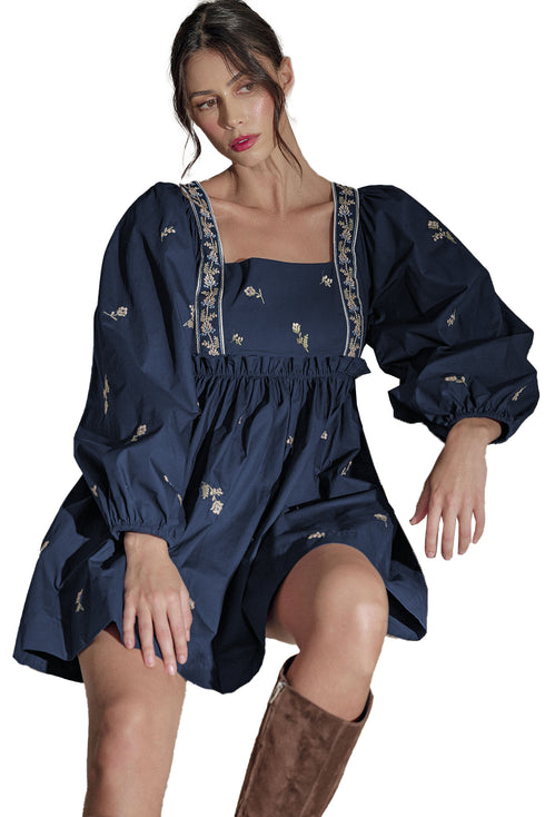 Floral Embroidered Square Neck Puff Sleeve Ruffled Mini Dress