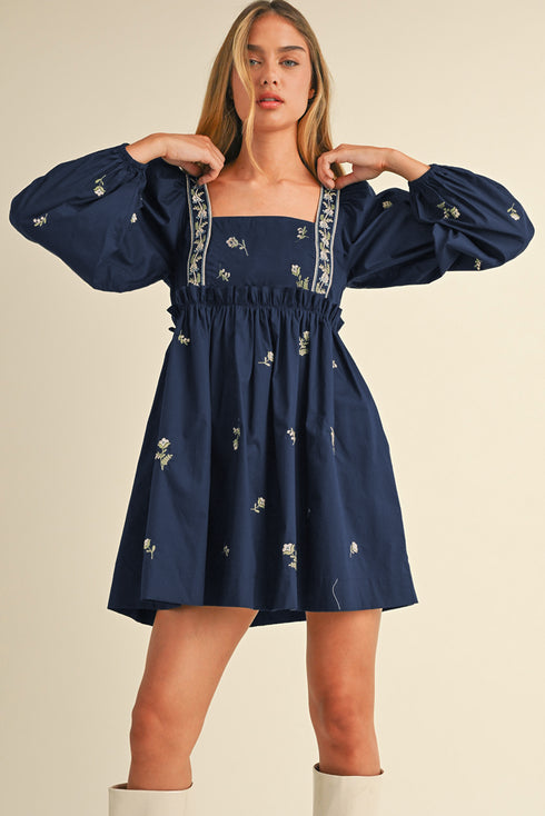 Floral Embroidered Square Neck Puff Sleeve Ruffled Mini Dress
