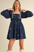 Floral Embroidered Square Neck Puff Sleeve Ruffled Mini Dress