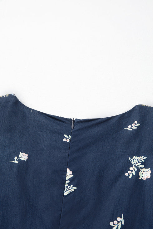 Floral Embroidered Square Neck Puff Sleeve Ruffled Mini Dress