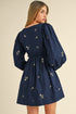 Floral Embroidered Square Neck Puff Sleeve Ruffled Mini Dress