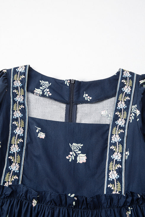 Floral Embroidered Square Neck Puff Sleeve Ruffled Mini Dress
