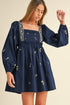 Floral Embroidered Square Neck Puff Sleeve Ruffled Mini Dress