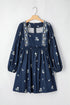 Floral Embroidered Square Neck Puff Sleeve Ruffled Mini Dress