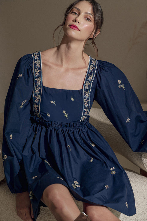 Floral Embroidered Square Neck Puff Sleeve Ruffled Mini Dress