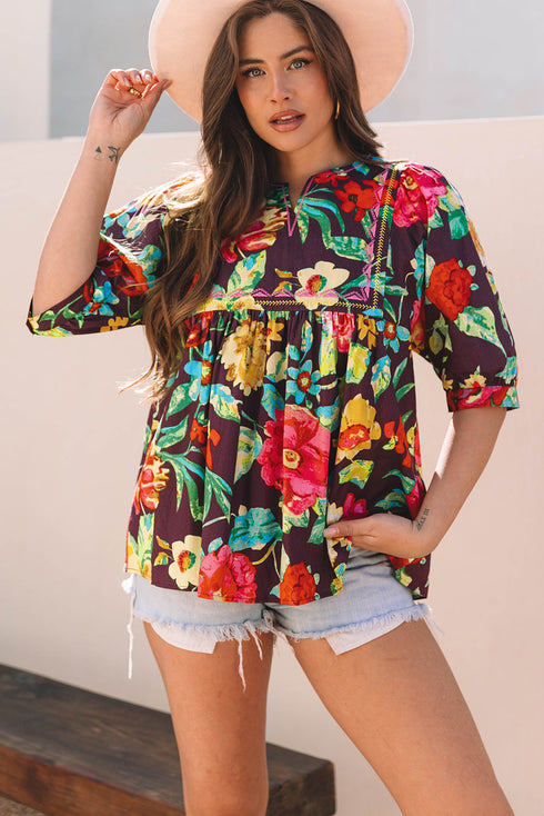 Floral Embroidered Trim Half Sleeve Woven Cotton Blouse