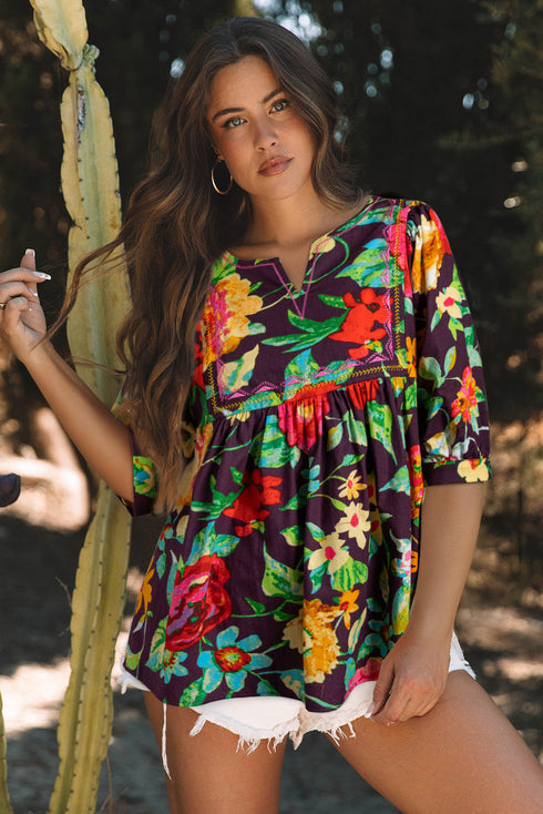 Floral Embroidered Trim Half Sleeve Woven Cotton Blouse