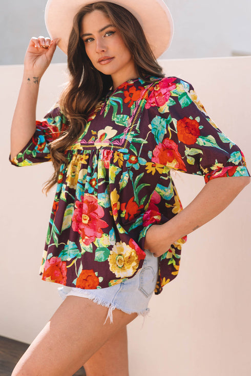 Floral Embroidered Trim Half Sleeve Woven Cotton Blouse