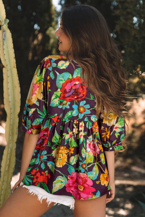 Floral Embroidered Trim Half Sleeve Woven Cotton Blouse