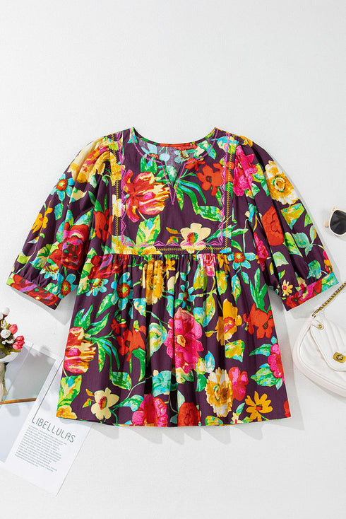 Floral Embroidered Trim Half Sleeve Woven Cotton Blouse