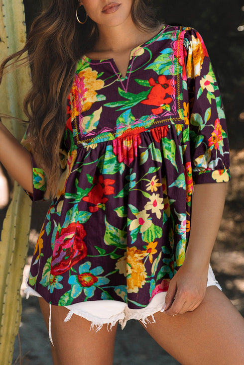 Floral Embroidered Trim Half Sleeve Woven Cotton Blouse