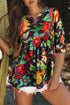Floral Embroidered Trim Half Sleeve Woven Cotton Blouse