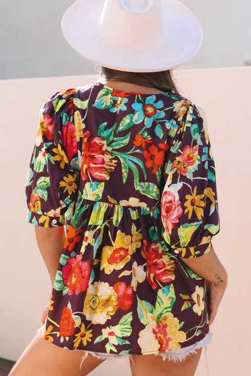 Floral Embroidered Trim Half Sleeve Woven Cotton Blouse